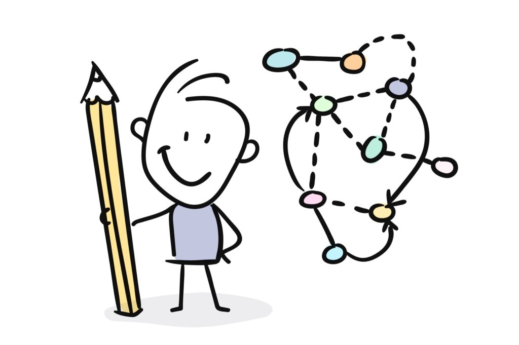 doodle cartoon person holding a pencil standing next to a strategy drawing with arrows, dots, and connecting lines