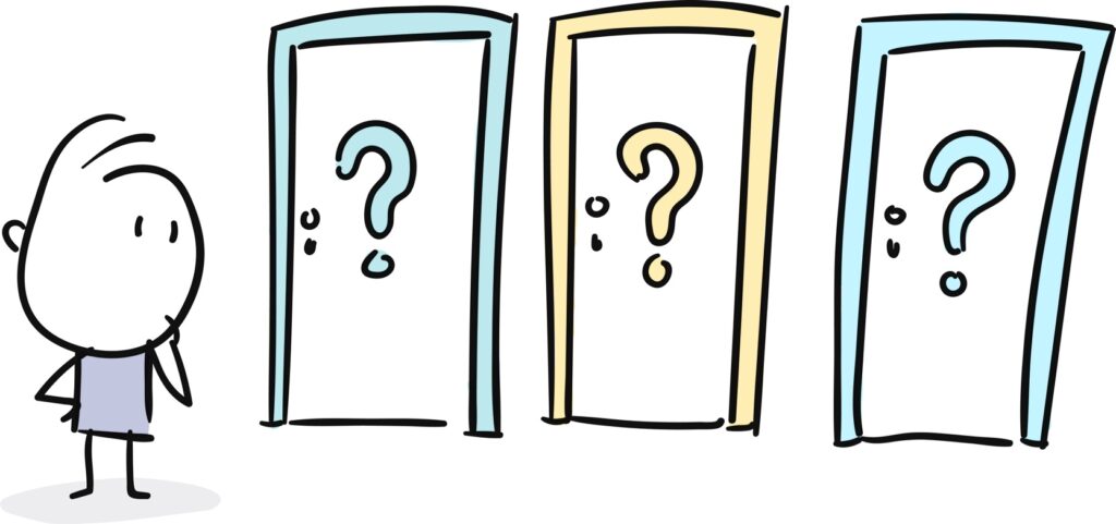 cartoon person standing in front of three doors with question marks on representing choosing an email marketing platform.