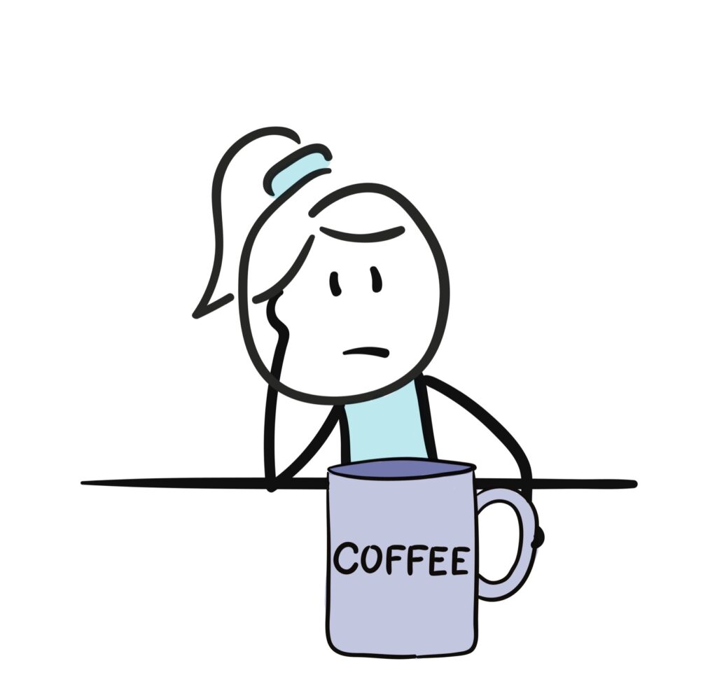 cartoon of a business owner feeling discouraged sitting at table with a coffee mug.