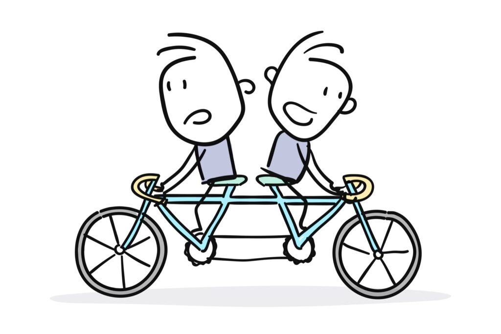 cartoon people riding a bicycle in two directions - scattered marketing approach
