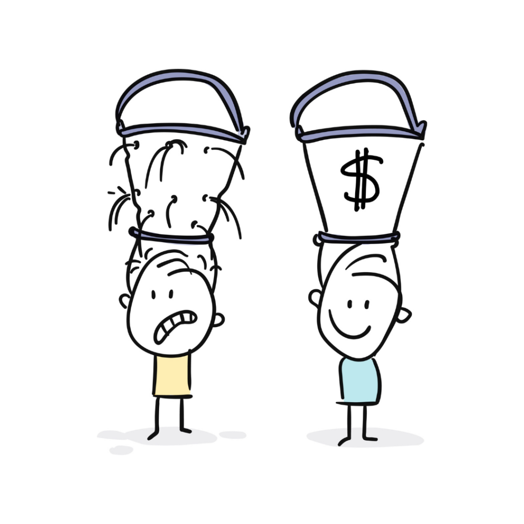 two cartoon people holding buckets. One is leaking representing a leaky sales funnel, and the other has a dollar sign representing a high-conversion funnel