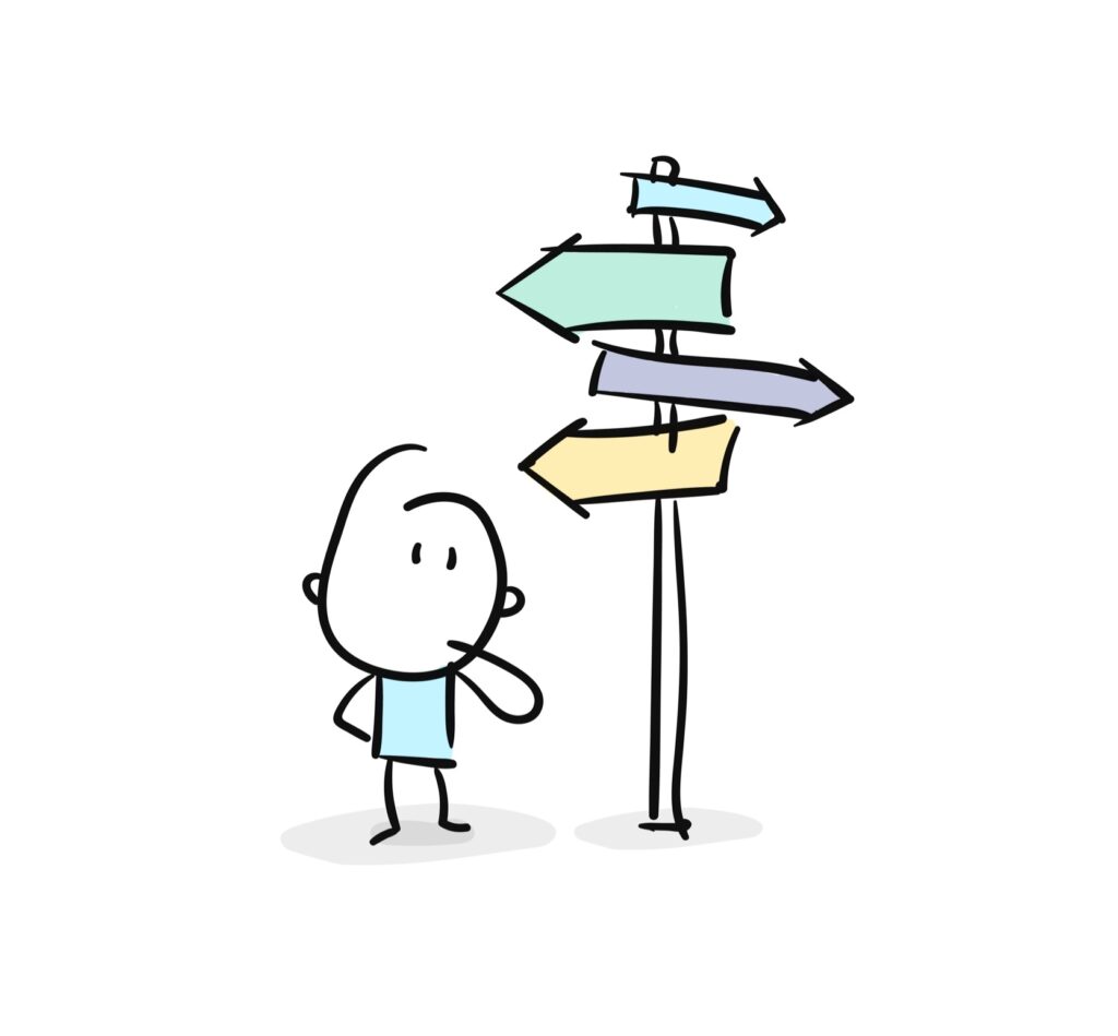 cartoon person standing at a sign with arrows pointing in different directions who is lost