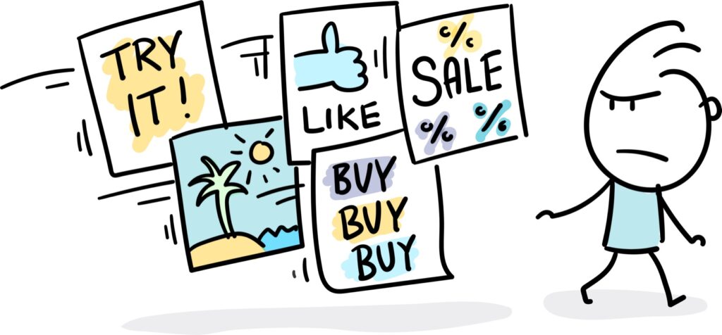 5 reasons clients don't buy - cartoon person frowning and walking away from ads that say "Buy! Buy! Buy!" "Sale!" etc.
