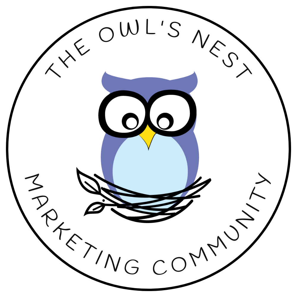 Circular logo showing a the Wise Owl Marketing purple owl sitting in a nest with the words "The Owl's Nest Marketing Community" wrapping around it.