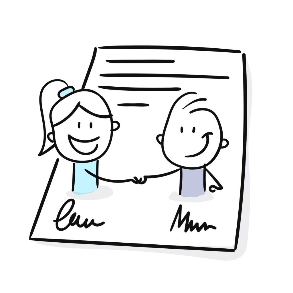 drawing of happy cartoon boy and girl shaking hands in a contract