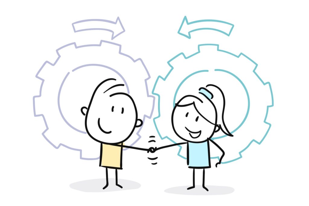 drawing of a happy cartoon boy and girl shaking hands with gears behind them - word of mouth referral
