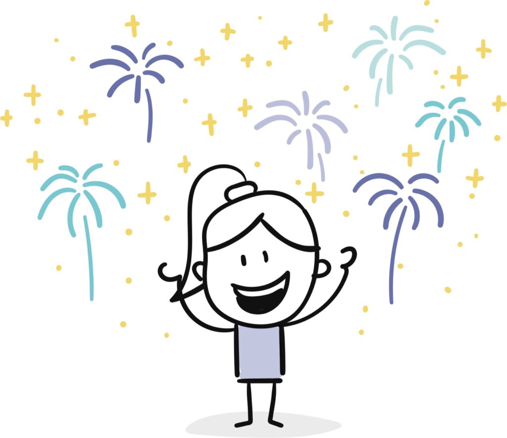 drawing of a happy cartoon girl with fireworks above her head celebrating