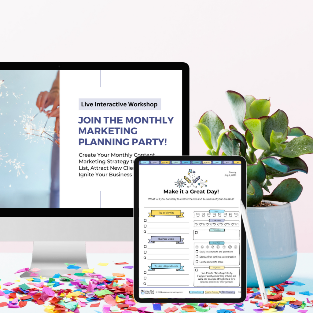 mockup of a desk with a computer showing the planning party invitation and an ipad with a mockup of the 5 minute marketing planner on the screen. There is a plant and a pink background behind the desk.