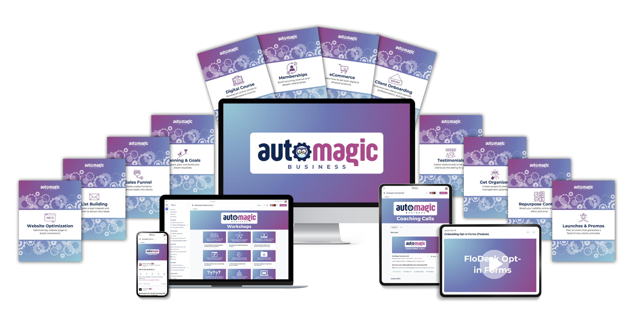 mockup collage of everything you get in the automagic business academy (workbooks, courses, live trainings, membership area, etc.)