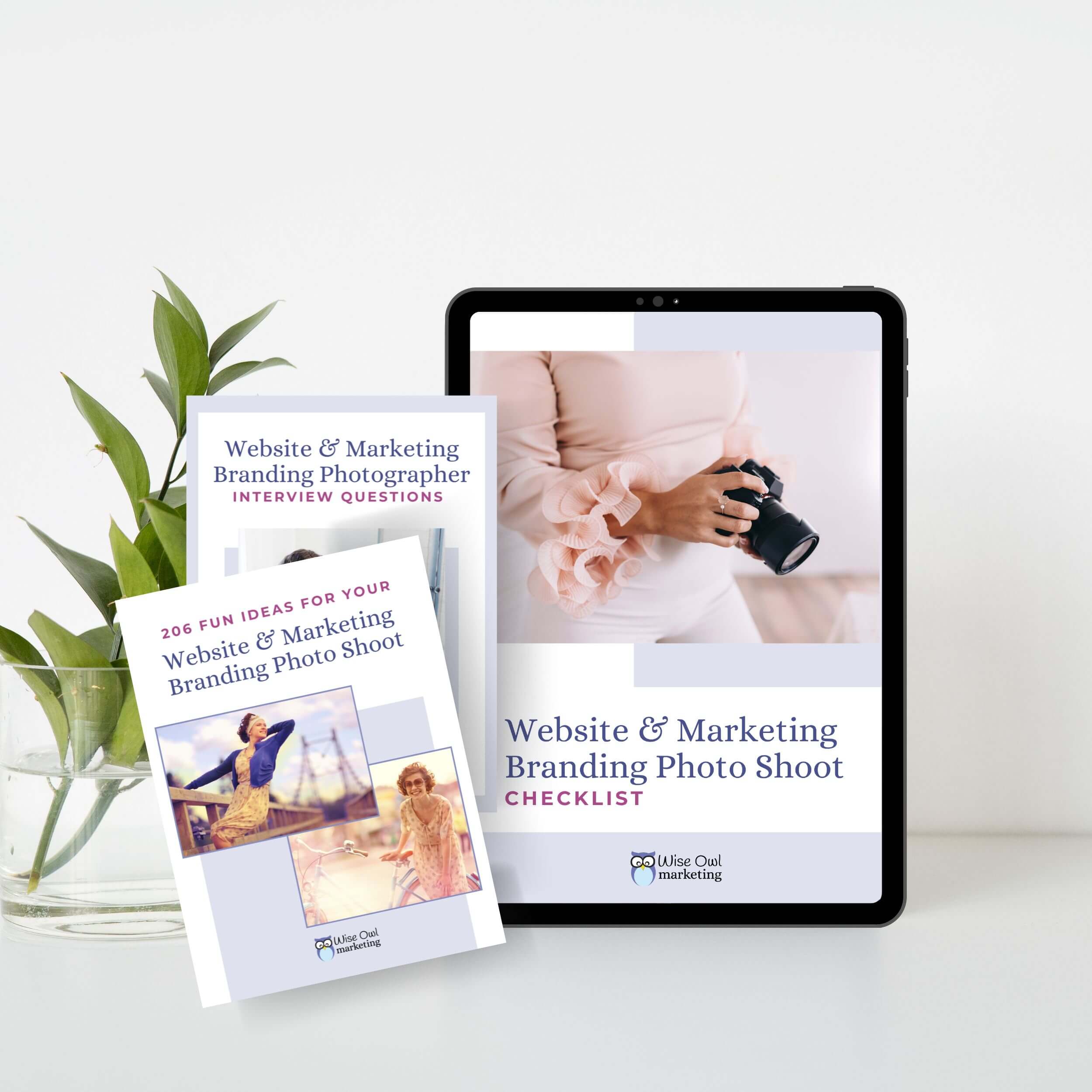 ipad mockup on a desk with the photo shoot bundle cover images.