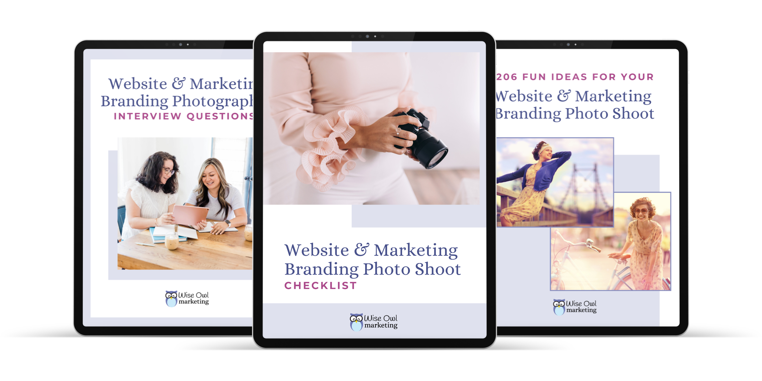mockup of 3 ipads showing the covers of the photo shoot checklist, interview questions, and photo shoot ideas workbooks